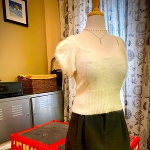 Cream Angora Cap-Sleeve Sweater with Sweetheart Neckline
